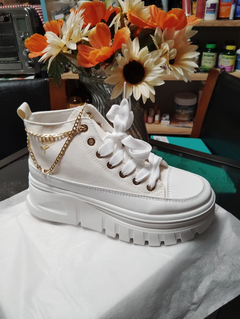 Platform High-Top Sneakers in Cream with Gold Chain Accent - Picture 7 of 8